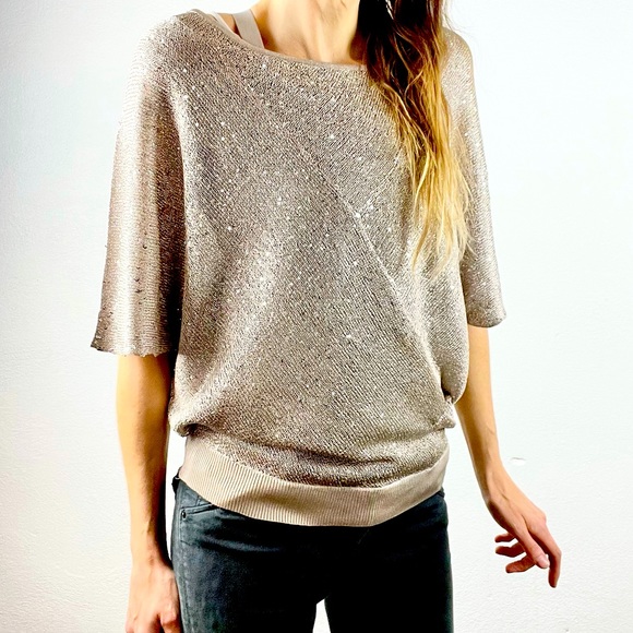 ALFANI | Champagne Sparkly Sequined Loose Dolman Batwing Shrug Sweater - Picture 4 of 10
